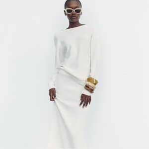 ZARA White Cotton Sequin Knit Sweater Minimalist Chic Low Back Size Medium